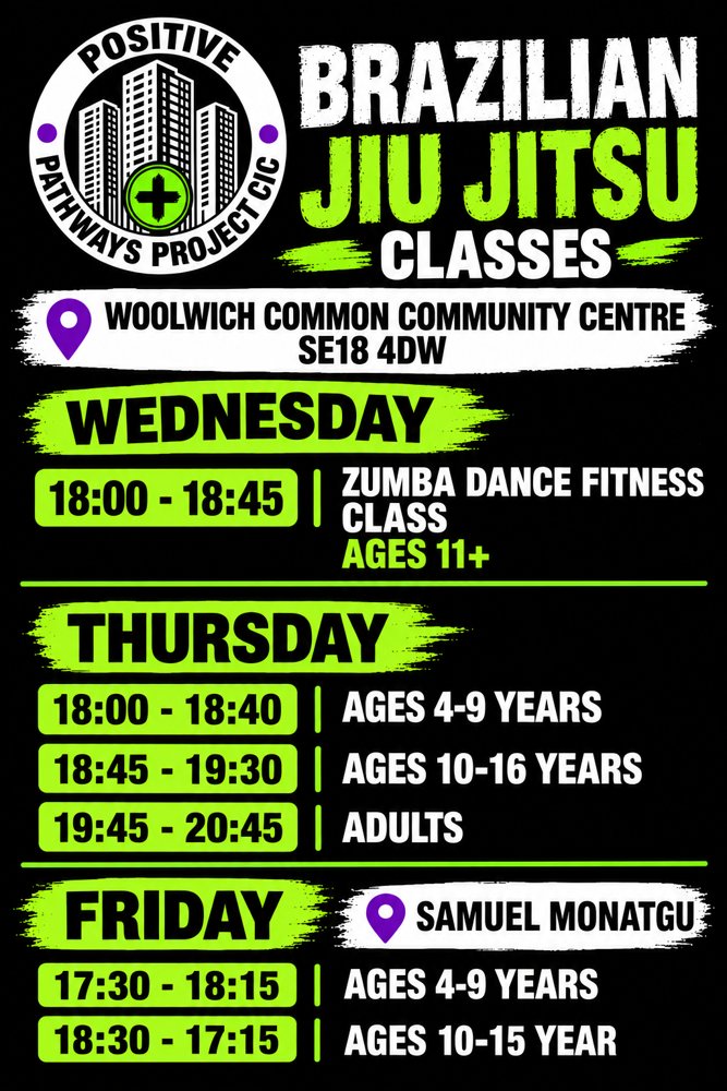 Class timetable: Wednesday Zumba 18:00-18:45 ages 11+; Thursday Jiu-Jitsu 18:00-18:40 ages 4-9, 18:45-19:30 ages 10-16, 19:45-20:45 adults; Friday at Samuel Montagu 17:30-18:15 ages 4-9, 18:30 ages 10-15